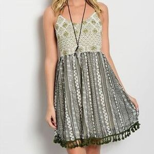 Anthropologie Entro Boho Dress Spaghetti Strap Tassels Dark Olive Green …